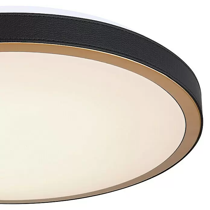 Globo Plafón LED redondo - 24 W, Ø x Al: 420 mm x 9,5 cm, Negro, Blanco cálido - Plafón redondo con banda de piel sintética negra y borde dorado, difusor blanco.