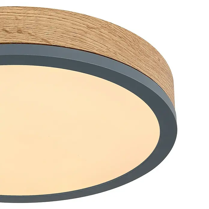 Globo Doro LED-Deckenleuchte rund Holzoptik - 12 W, Durchmesser: 30 cm, Graphit/Holzoptik, Warmweiß - Runde Deckenleuchte mit Holzstruktur und grauem Rand, die ein warmes Licht ausstrahlt. Perfekt für eine stilvolle Beleuchtung.