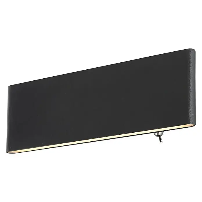 Globo LED-Wandleuchte SIEGFRIED - B x H: 22,5 x 8 cm, 8 W, Schwarz, Warmweiß - Nahaufnahme einer modernen schwarzen Wandleuchte mit einem subtilen Lichtschein, der ihr elegantes Design hervorhebt.