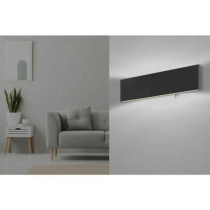 Globo LED-Wandleuchte SIEGFRIED - B x H: 29,5 x 8 cm, 12 W, Schwarz, Warmweiß - Elegantes Interieur mit einem minimalistischen Wandleuchter in Schwarz, der ein warmes Licht ausstrahlt und eine moderne Note verleiht.