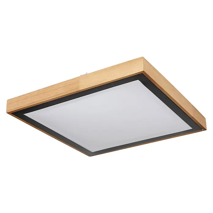 Globo LED-Deckenleuchte BRUNO - 24 W, L x B x H: 39 x 39 x 9 cm, Schwarz, Warmweiß - Quadratische Deckenleuchte mit Holzrahmen und schwarzem Akzent, die eine moderne und warme Beleuchtungslösung bietet.