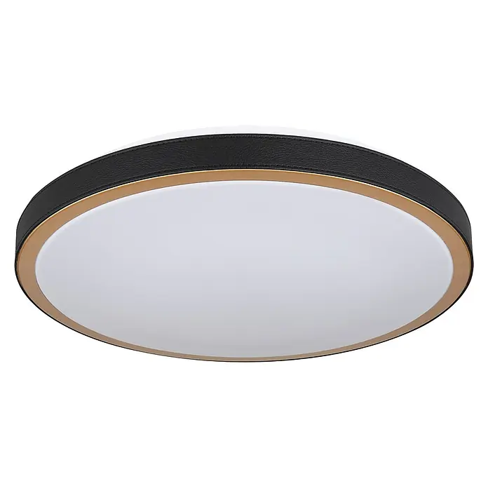 Globo Plafón LED redondo - 24 W, Ø x Al: 420 mm x 9,5 cm, Negro, Blanco cálido - Lámpara de techo con detalles en cuero negro y borde dorado. Crea un ambiente elegante en cualquier habitación.