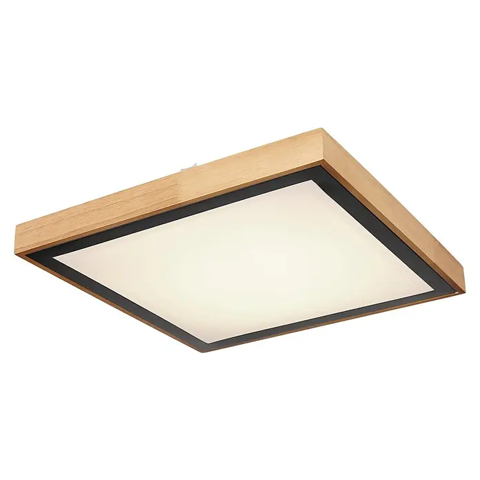 Globo LED-Deckenleuchte BRUNO - 24 W, L x B x H: 39 x 39 x 9 cm, Schwarz, Warmweiß - Diese quadratische Deckenleuchte mit Holzrahmen und schwarzem Akzent sorgt für stilvolle Beleuchtung in jedem Raum.