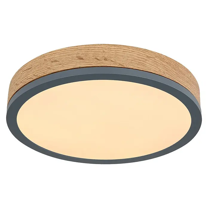 Globo Doro LED-Deckenleuchte rund Holzoptik - 12 W, Durchmesser: 30 cm, Graphit/Holzoptik, Warmweiß - Holzfarbene LED-Deckenleuchte mit grauem Rahmen und warmweißem Licht für eine gemütliche Atmosphäre im Raum.