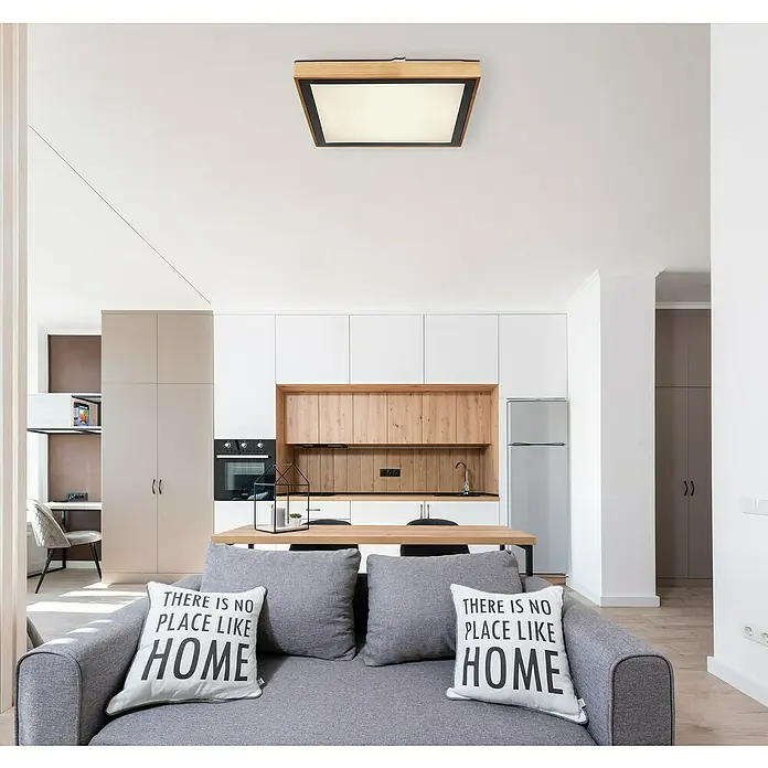 Globo LED-Deckenleuchte BRUNO - 24 W, L x B x H: 39 x 39 x 9 cm, Schwarz, Warmweiß - Moderne Deckenleuchte mit Holzrahmen und quadratischem Design, die einen Hauch von Wärme und Stil in diesen zeitgenössischen Wohnraum bringt.