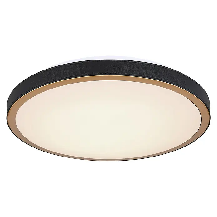 Globo Plafón LED redondo - 24 W, Ø x Al: 420 mm x 9,5 cm, Negro, Blanco cálido - Elegante lámpara de techo LED con detalle de cuero negro y marco dorado para una iluminación con estilo.