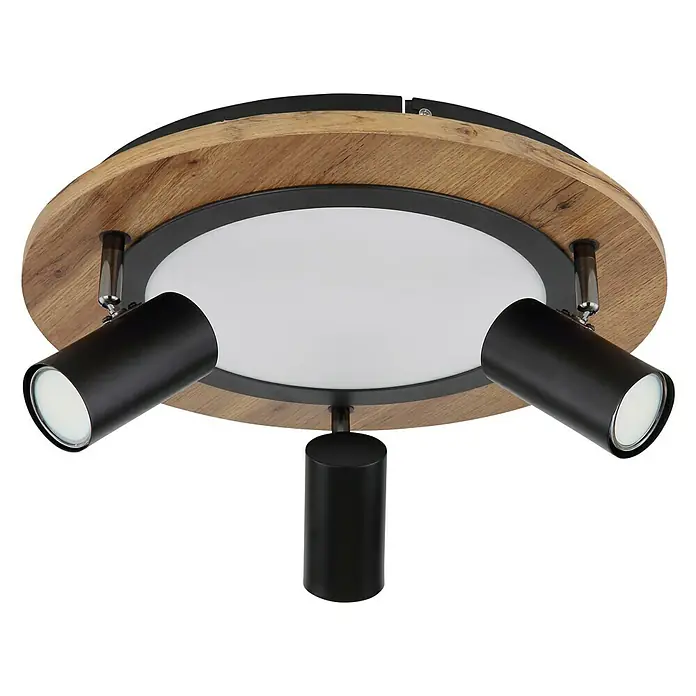 Globo Plafón Kassu - 15 W, Negro, Otros - Lámpara de techo moderna con aspecto de madera y tres focos negros para una iluminación elegante.