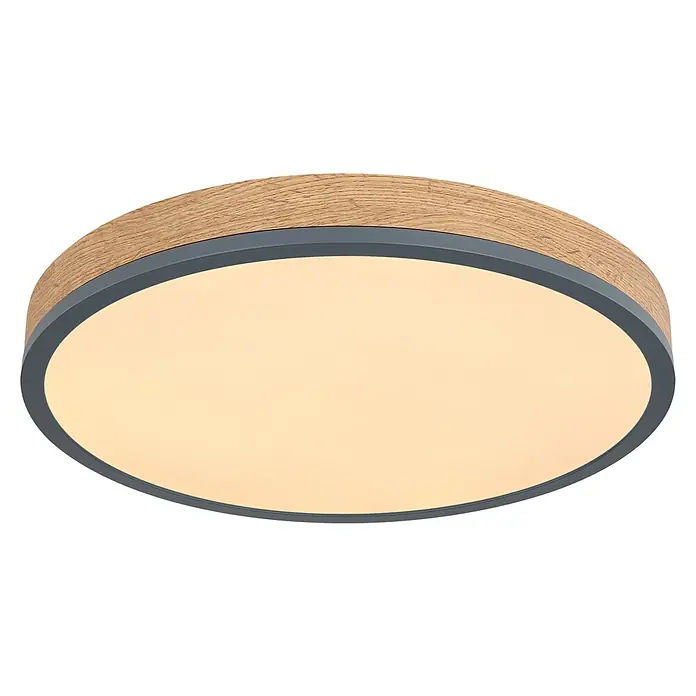 Globo Doro LED-Deckenleuchte rund Holzoptik - 24 W, Durchmesser: 45 cm, Graphit/Holzoptik, Warmweiß - Nahaufnahme einer runden LED-Deckenleuchte mit Holzmaserung und grauem Rand vor schwarzem Hintergrund.