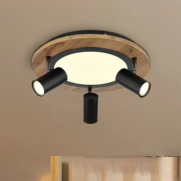 Globo Plafón Kassu - 15 W, Negro, Otros - Lámpara de techo redonda con base de madera, panel LED central y tres focos metálicos negros ajustables.