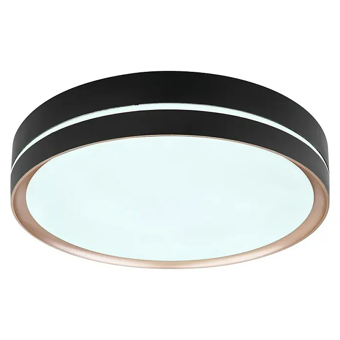 Globo LED-Deckenleuchte rund MANNI - 24 W, Ø x H: 38,5 x 8 cm, Schwarz, Warmweiß - Moderne LED-Deckenleuchte in Schwarz und Kupfer mit hellem, rundem Diffusor für stilvolle Beleuchtung im Innenbereich.