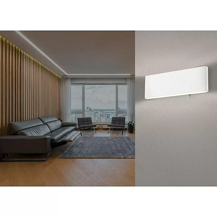 Globo LED-Wandleuchte SIEGFRIED - B x H: 22,5 x 8 cm, 8 W, Weiß, Warmweiß - Weiße, rechteckige Wandleuchte in einem modernen Wohnzimmer.