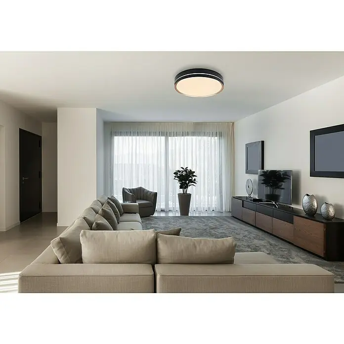 Globo LED-Deckenleuchte rund MANNI - 40 W, Ø x H: 48,5 x 8 cm, Schwarz, Warmweiß - Moderne Wohnraumbeleuchtung mit einer runden Deckenleuchte. Das minimalistische Design der Lampe ergänzt das elegante Interieur des Raumes.