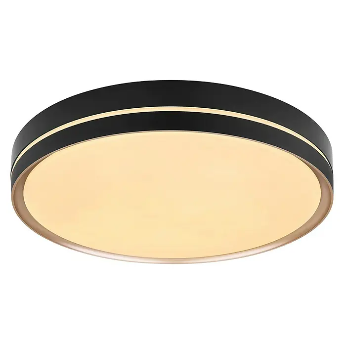 Globo LED-Deckenleuchte rund MANNI - 40 W, Ø x H: 48,5 x 8 cm, Schwarz, Warmweiß - Eine moderne, runde Deckenleuchte mit schwarzem Rahmen und warmweißem Licht. Die Lampe sorgt für eine angenehme Atmosphäre im Raum.