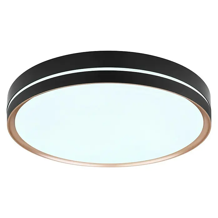 Globo LED-Deckenleuchte rund MANNI - 40 W, Ø x H: 48,5 x 8 cm, Schwarz, Warmweiß - Moderne LED-Deckenleuchte mit schwarzem Rand und umlaufenden Lichtbändern für eine gleichmäßige Ausleuchtung.