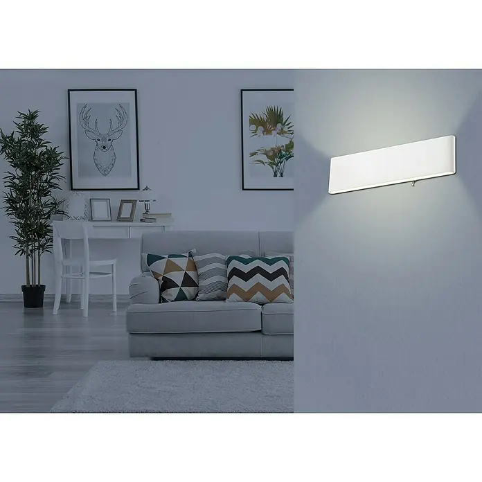 Globo LED-Wandleuchte SIEGFRIED - B x H: 29,5 x 8 cm, 12 W, Weiß, Warmweiß - Ein modernes Wohnzimmer mit einem stilvollen Wandlicht, das ein angenehmes Ambiente schafft.\n