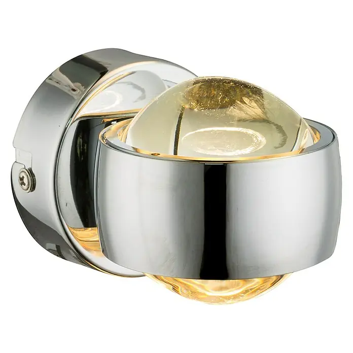 Globo Wandleuchte RANDI - 6 W, Chrom, Sonstige - Nahaufnahme einer eleganten Wandleuchte mit Chrombasis und einer Glaskugel, die ein warmes Licht ausstrahlt. Stilvolle Beleuchtung für jedes Interieur.