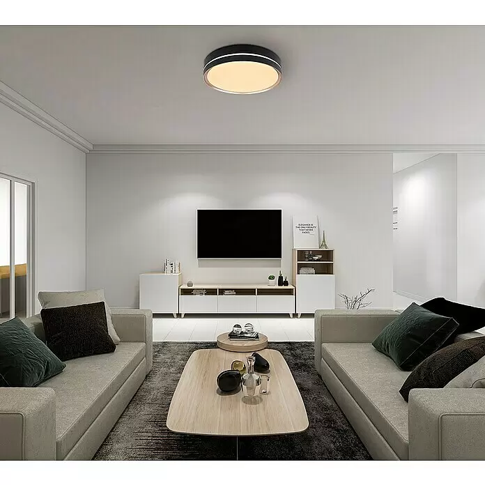 Globo LED-Deckenleuchte rund MANNI - 24 W, Ø x H: 38,5 x 8 cm, Schwarz, Warmweiß - Stimmungsaufnahme