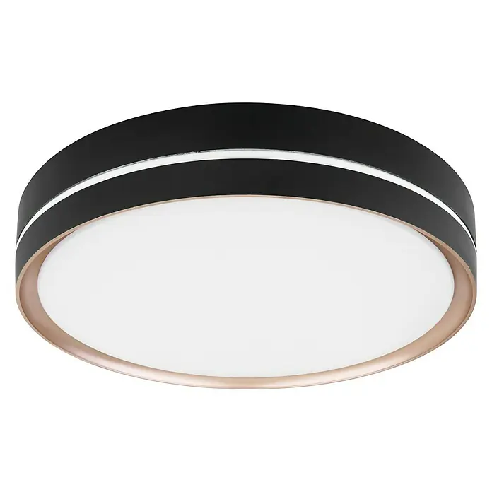 Globo LED-Deckenleuchte rund MANNI24 W, Ø x H: 38,5 x 8 cm, Schwarz, Warmweiß - Elegante runde Deckenleuchte mit schwarzem Rand, weißem Diffusor und goldenem Akzent für stilvolle Beleuchtung im Raum.