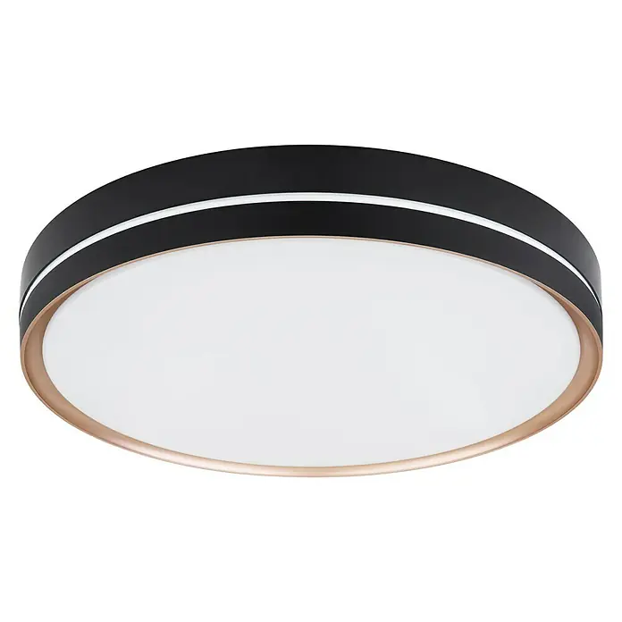 Globo LED-Deckenleuchte rund MANNI - 40 W, Ø x H: 48,5 x 8 cm, Schwarz, Warmweiß - Moderne Deckenleuchte in Schwarz mit weißem Diffusor und goldfarbenem Rand für stilvolle Beleuchtung im Raum.