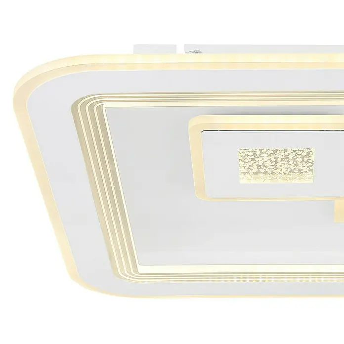 Globo LED-Deckenleuchte VALERIA - 40 W, L x B x H: 46,6 x 46,6 x 7,4 cm, Weiß, Warmweiß, Eckig - Nahaufnahme einer modernen LED-Deckenleuchte mit quadratischem Design und warmweißem Licht für eine stilvolle Beleuchtung.