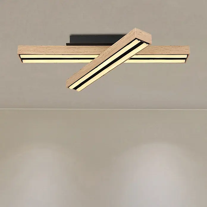Globo Doro LED-Deckenleuchte Holzoptik - 24 W, L x B x H: 51,5 x 36,5 x 11 cm, Holzoptik/Schwarz, Warmweiß - Moderne Deckenleuchte mit zwei überkreuzten Holzleisten und integrierter LED-Beleuchtung für ein stilvolles Ambiente im Raum.