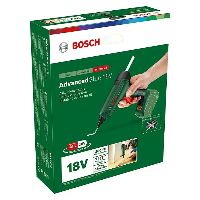 Bosch Power for All 18V Akku-Heißklebepistole AdvancedGlue 18V - 18 V, Ohne Akku, Temperaturbereich: 130 °C - 200 °C - Abbildung der Verpackung einer Bosch Advanced Glue 18V Akku-Klebepistole, die ein praktisches, kabelloses Kleben ermöglicht.