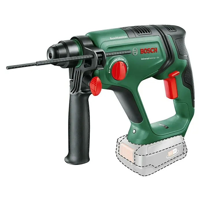 Bosch Power for All 18V Akku-Kombihammer UniversalHammer 18V - 18 V, Ohne Akku, 2 J - Akkubohrhammer Boschhammer UniversalHammer 18V mit Zusatzhandgriff. Das Gerät ist grün und hat rote Bedienelemente.