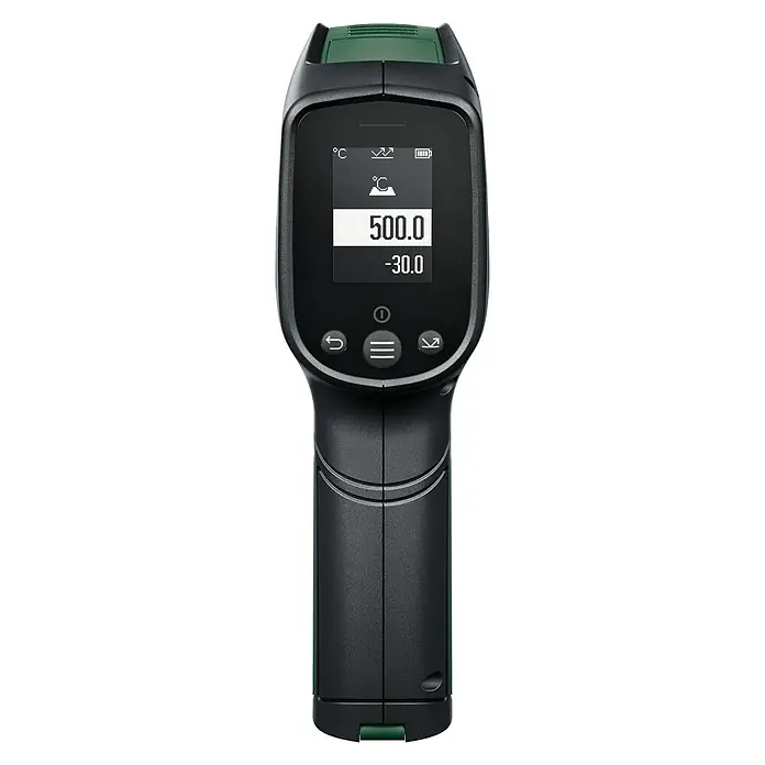 Bosch Advanced Temperaturmessgerät AdvancedTemp - Messbereich: -30 °C bis +500 °C - Ein schwarzes und grünes Temperaturmessgerät mit LCD-Display, das Messwerte anzeigt. Ideal zur schnellen Temperaturprüfung.