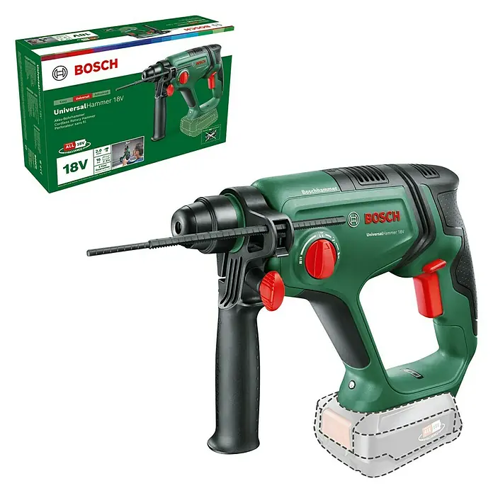 Bosch Power for All 18V Akku-Kombihammer UniversalHammer 18V - 18 V, Ohne Akku, 2 J - Abbildung des Bosch UniversalHammer 18V Akku-Bohrhammers mit Zubehör und Originalverpackung.