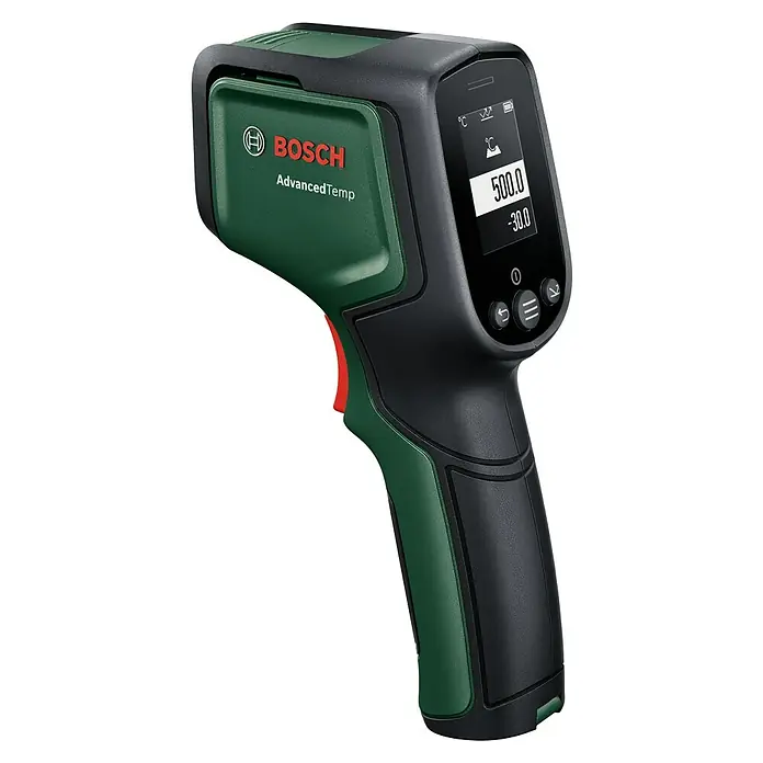 Bosch Advanced Temperaturmessgerät AdvancedTemp - Messbereich: -30 °C bis +500 °C - Das Bild zeigt ein Bosch AdvancedTemp Infrarot-Thermometer in Grün und Schwarz, das für präzise Temperaturmessungen verwendet wird.