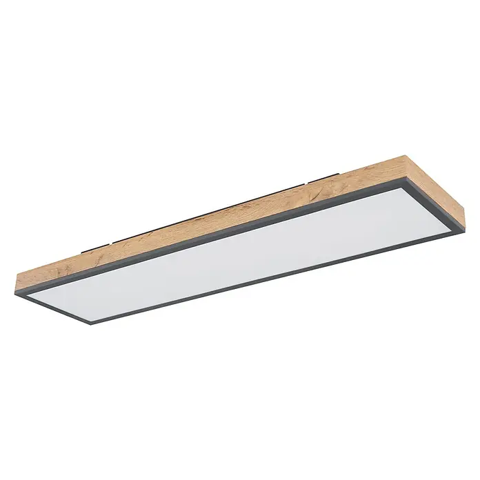 Globo Doro LED-Panel Holzoptik - 24 W, 80 x 20 cm, Holzoptik/Graphit, Mehrfarbig - Holz-Deckenleuchte mit grauen Akzenten und einer strahlend weißen Lichtfläche, die eine gemütliche Atmosphäre schafft.
