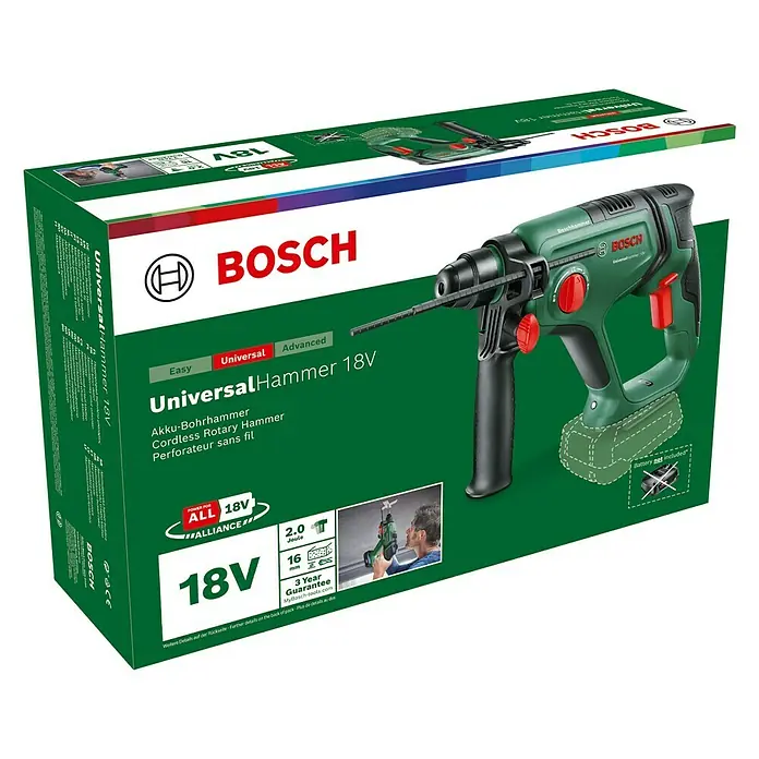 Bosch Power for All 18V Akku-Kombihammer UniversalHammer 18V - 18 V, Ohne Akku, 2 J - Verpackung des Bosch UniversalHammer 18V Akku-Bohrhammers, ein vielseitiges Werkzeug für verschiedene Bohraufgaben.
