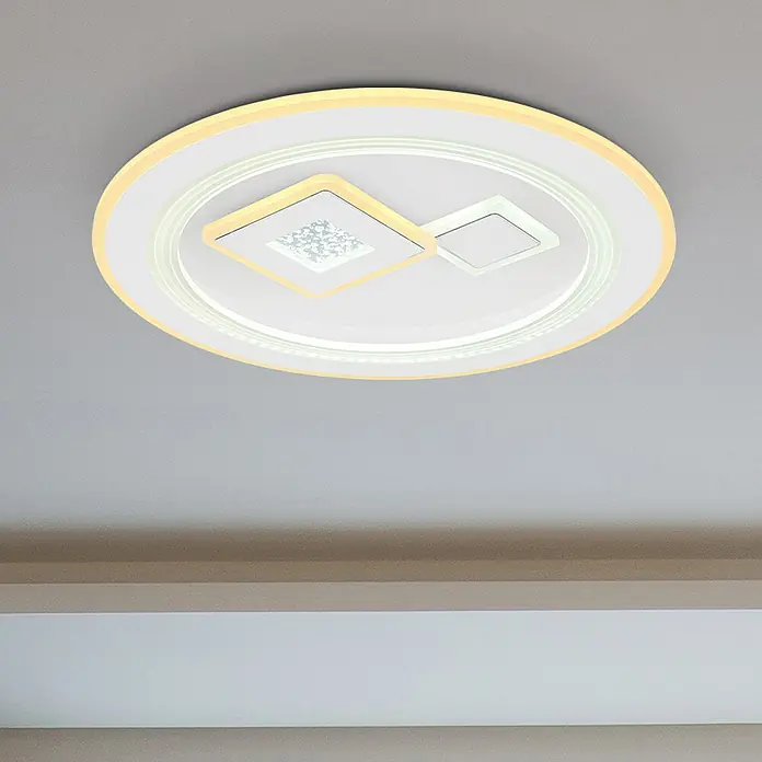 Globo LED-Deckenleuchte VALERIA40 W, L x B x H: 46,6 x 46,6 x 7,4 cm, Weiß, Warmweiß, Rund - Moderne LED-Deckenleuchte mit runder Form und zwei quadratischen Elementen, ideal für stilvolle Innenräume.