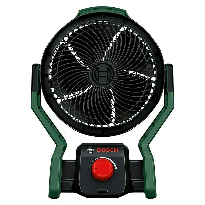 Bosch Power for All 18V Akku-Ventilator UniversalFan 18V-1000 - 18 V, Ohne Akku, Luftmenge: 1.000 m³/h - Ein batteriebetriebener Bosch-Ventilator mit grünem Gehäuse und rotem Drehknopf auf einem schwarzen Bedienfeld.