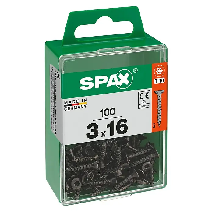 Spax T-Star plus UniversalschraubeØ x L: 3 x 16 mm, Vollgewinde, 100 Stk. - Dose mit 100 schwarzen SPAX Schrauben der Größe 3x16, hergestellt in Deutschland, ideal für verschiedene Anwendungen.