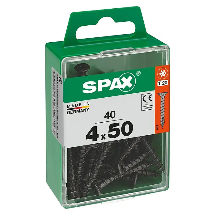 Spax T-Star plus UniversalschraubeØ x L: 4 x 50 mm, Vollgewinde, 40 Stk. - Eine Packung SPAX Schrauben, Größe 4x50 mm, mit Torx T20 Antrieb. Hergestellt in Deutschland, ideal für diverse Holzbauprojekte.