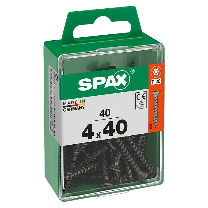 Spax T-Star plus Universalschraube - Ø x L: 4 x 40 mm, Vollgewinde, 40 Stk. - Bild einer Packung SPAX 4x40 Schrauben mit T20-Antrieb, ideal für diverse Befestigungsarbeiten im Innen- und Außenbereich.