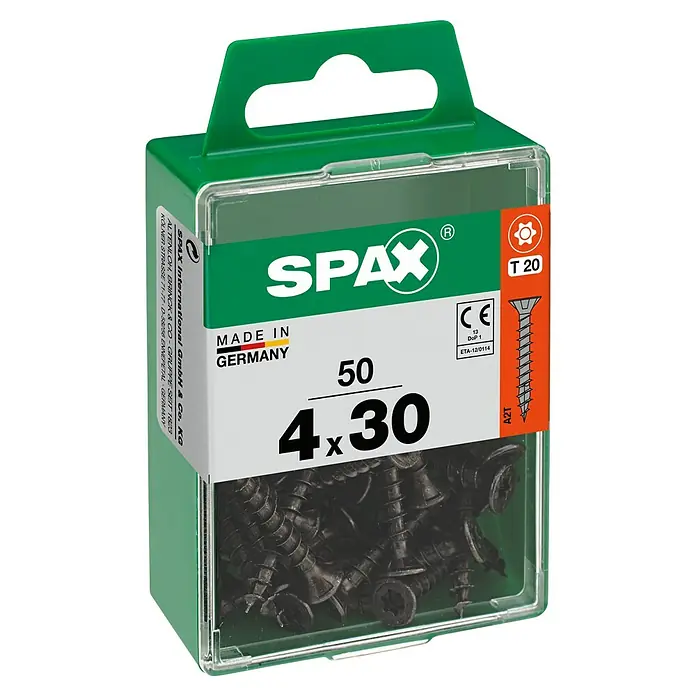 Spax T-Star plus UniversalschraubeØ x L: 4 x 30 mm, Vollgewinde, 50 Stk. - Eine Packung Spax Schrauben, Größe 4x30, mit Torx T20 Kopf, ideal für Holzverbindungen, hergestellt in Deutschland für zuverlässige Qualität.