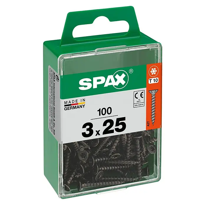 Spax T-Star plus Universalschraube - Ø x L: 3 x 25 mm, Vollgewinde, 100 Stk. - Eine transparente grüne Box mit 100 schwarzen 3x25 mm Spax-Schrauben, die für ihre hohe Qualität und Vielseitigkeit bekannt sind.
