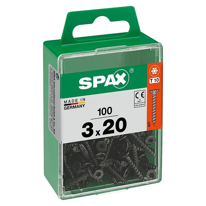 Spax T-Star plus Universalschraube - Ø x L: 3 x 20 mm, Vollgewinde, 100 Stk. - Eine grüne Packung Spax Schrauben 3x20, 100 Stück, für den professionellen und privaten Gebrauch.