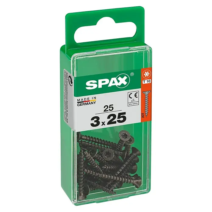Spax T-Star plus Universalschraube - Ø x L: 3 x 25 mm, Vollgewinde, 25 Stk. - Eine Packung SPAX Senkkopfschrauben mit Teilgewinde, ideal für Holzverbindungen. Die Schrauben sind 3x25 mm groß und werden in Deutschland hergestellt.