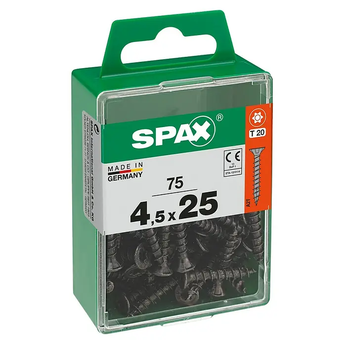 Spax T-Star plus Universalschraube - Ø x L: 4,5 x 25 mm, Vollgewinde, 75 Stk. - Dose Spax Schrauben 4,5x25 mm, T20, hergestellt in Deutschland. Ideal für diverse Holzbauprojekte.