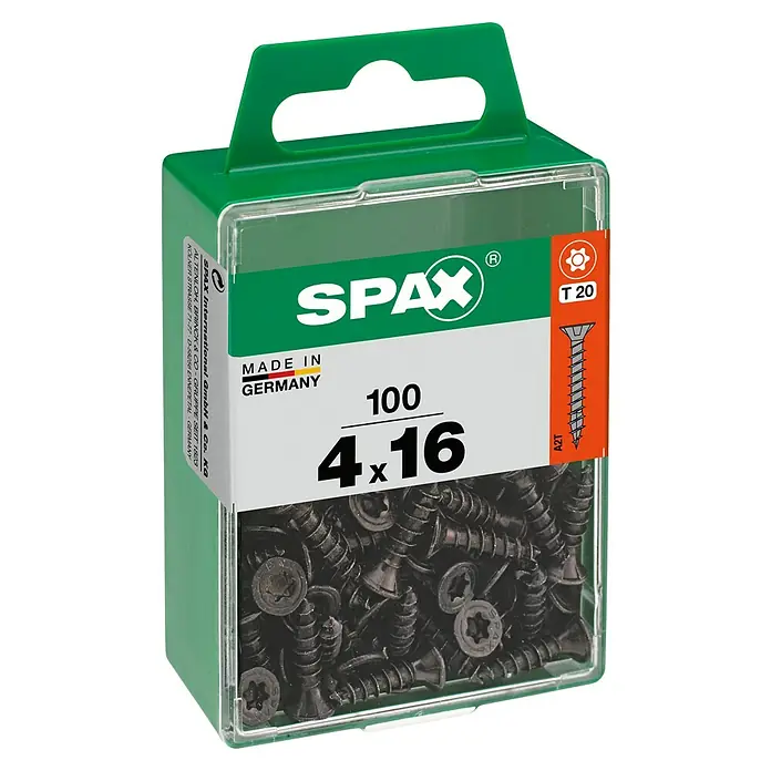 Spax T-Star plus Universalschraube - Ø x L: 4 x 16 mm, Vollgewinde, 100 Stk. - Abbildung einer Spax-Schraubenpackung, Größe 4x16, mit 100 Stück, hergestellt in Deutschland und geeignet für T20-Bits.