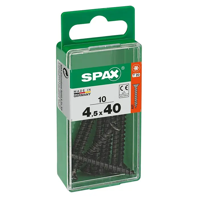 Spax T-Star plus Tornillo universal - Ø x L: 4,5 x 40 mm, Rosca completa, 10 ud. - Un paquete de tornillos negros SPAX, tamaño 4,5 x 40 mm, perfectos para una variedad de proyectos de construcción y bricolaje.