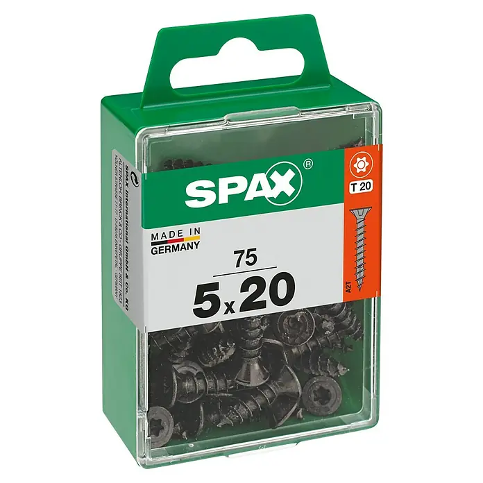 Spax T-Star plus UniversalschraubeØ x L: 5 x 20 mm, Vollgewinde, 75 Stk. - Dose mit 75 Spax Senkkopfschrauben 5x20 mm, geeignet für Holzverbindungen im Innenbereich, mit Torx T20 Antrieb und A2T Beschichtung.