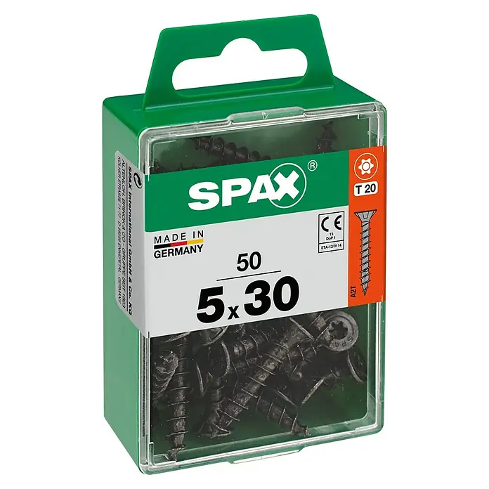 Spax T-Star plus Universalschraube - Ø x L: 5 x 30 mm, Vollgewinde, 50 Stk. - Packung Spax Schrauben 5x30 mm, T20, ideal für diverse Holzbauprojekte, gefertigt in Deutschland. Zuverlässige Verbindung garantiert!