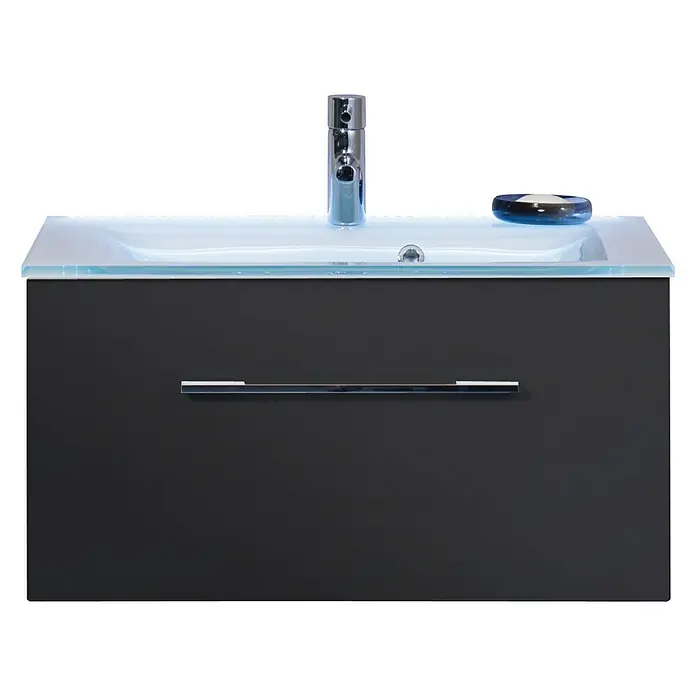 Camargue Stella K Waschtischunterschrank - 79,4 x 48,8 x 39 cm, Ohne Beleuchtung, Grafit - Elegantes Waschbecken-Unterschrank-Set mit Glaswaschtisch, Chromarmatur und Seifenschale für ein modernes Badezimmerdesign.