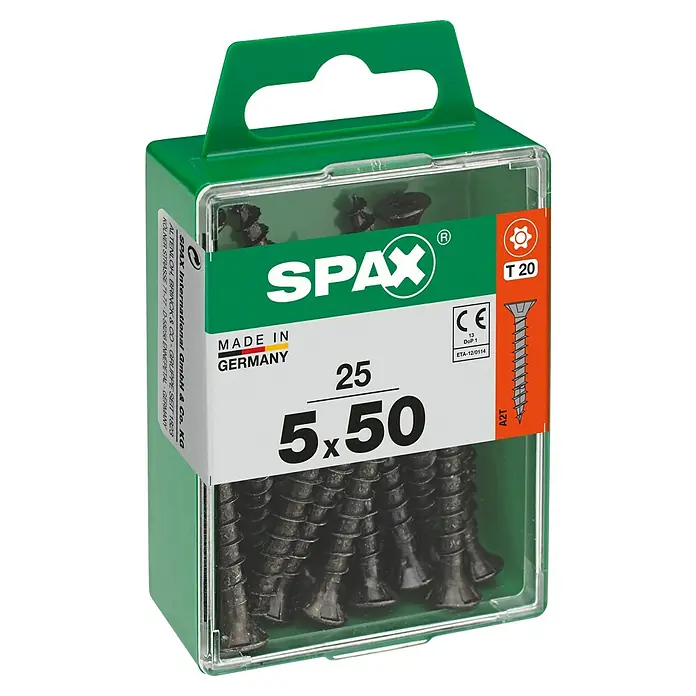 Spax T-Star plus Universalschraube - Ø x L: 5 x 50 mm, Vollgewinde, 25 Stk. - Eine Packung Spax Schrauben, Größe 5x50, mit 25 Stück Inhalt, ideal für diverse Montagearbeiten im Heim- und Handwerksbereich.