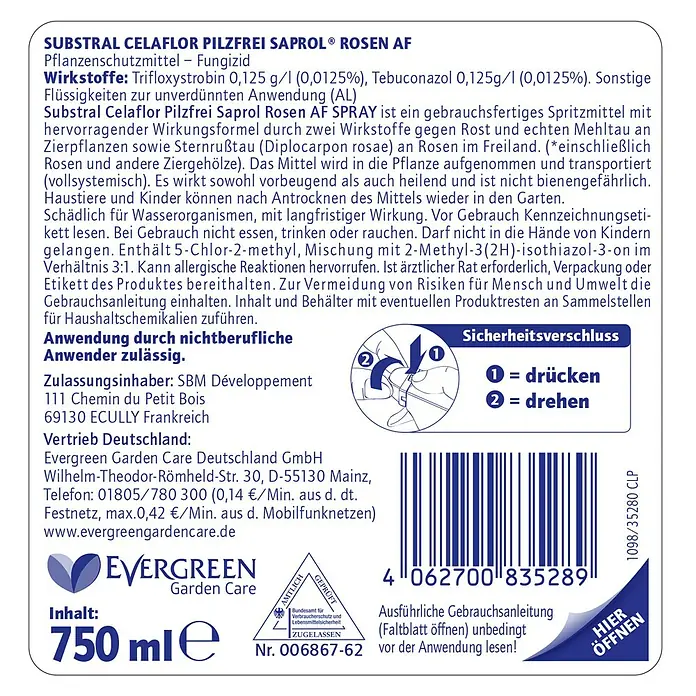 Substral Celaflor Pilzfrei Rose AF - 750 ml - Etikett von Substral Celaflor Pilzfrei Saprol Rosen AF, einem Fungizid zur Bekämpfung von Pilzkrankheiten an Rosen und Zierpflanzen.