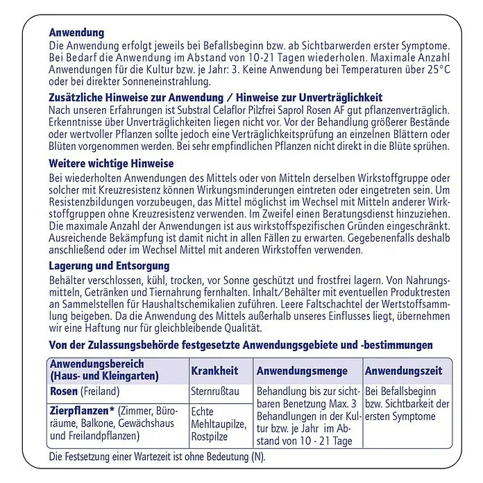 Substral Celaflor Pilzfrei Rose AF - 750 ml - Informationen zur Anwendung des Produkts für Rosen und Zierpflanzen, inklusive Dosierung und Anwendungszeitraum.
